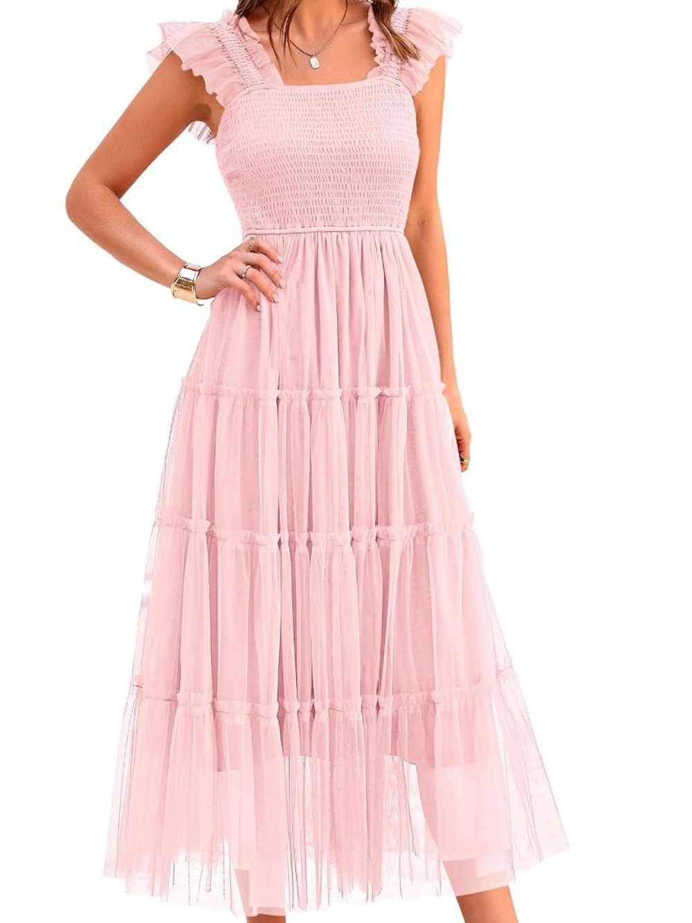 Smocked Bodice Pink Midi Dress with Tiered Skirt